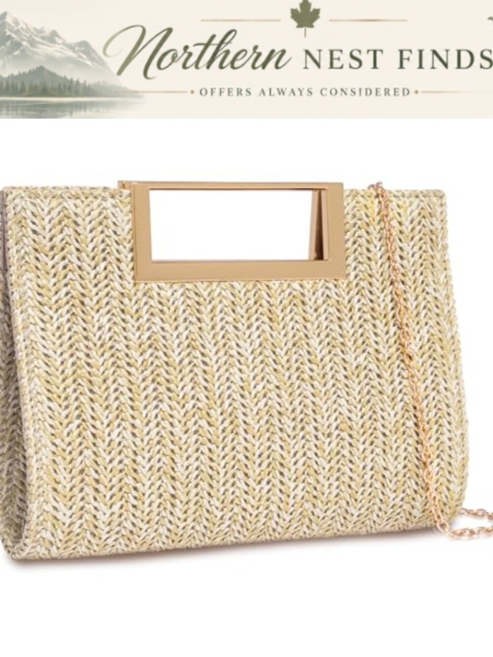 Straw Woven Clutch with Gold Metal Handle Detachable Chain Crossbody Bag